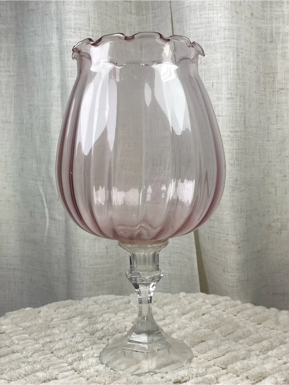 Vtg MCM Empoli Style Pink Optic Glass Goblet Vase Ruffled Brandy Snifter 11